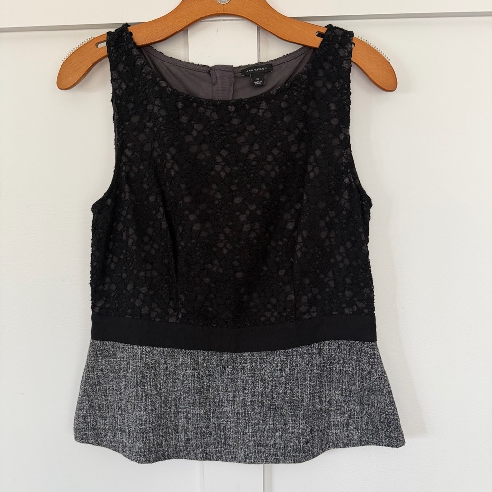 Ann Taylor Women's Top Sleeveless Lace Tweed Peplum Preppy‎ Black Gray Size 6